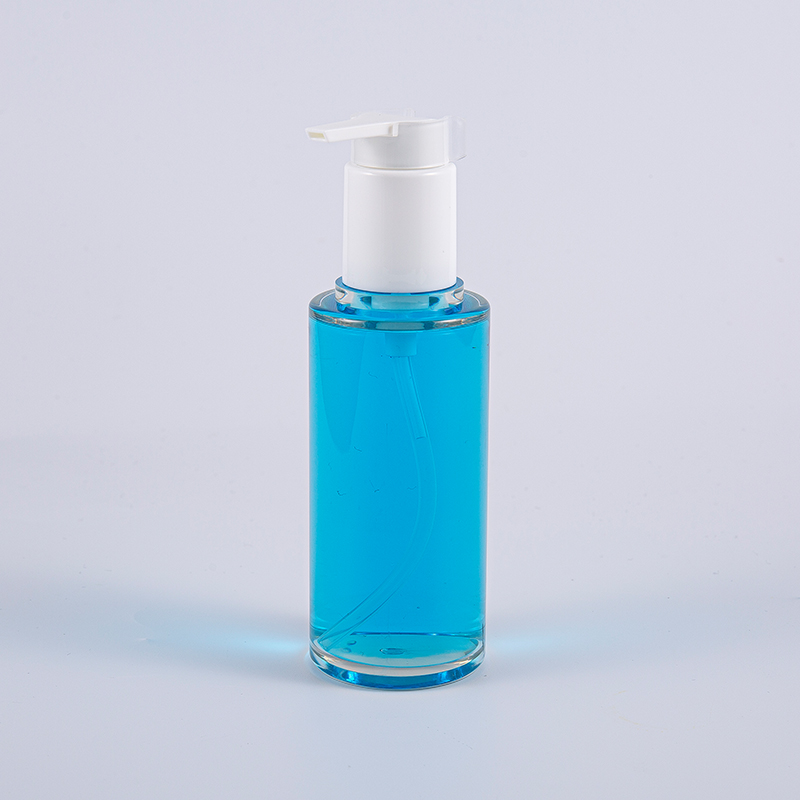 Átlátszó PETG 100 ml-es kerek formájú lotionpalack fehér műanyag pumpával